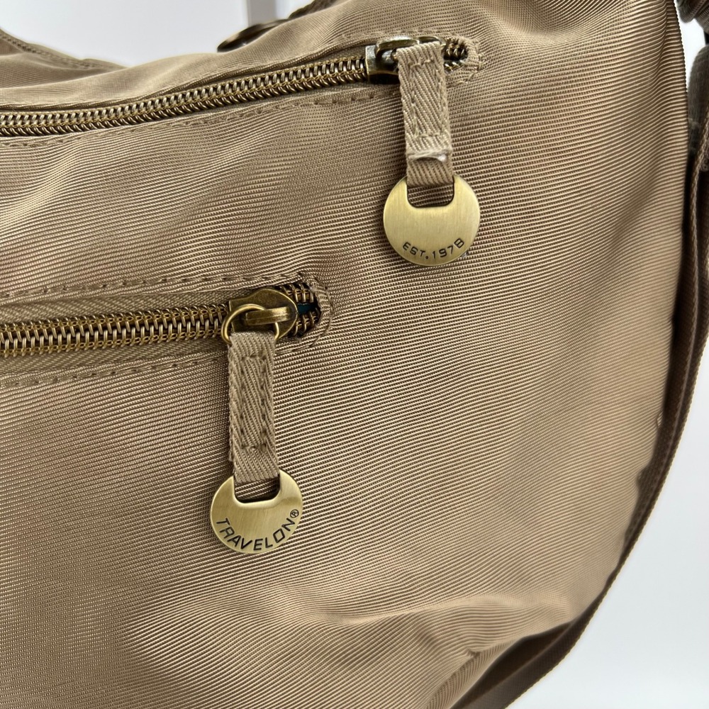 Travelon Anti-Theft Hobo Bag Tan Polyester Turquoise‎ Lining RFID 42911-770 - Picture 2 of 8
